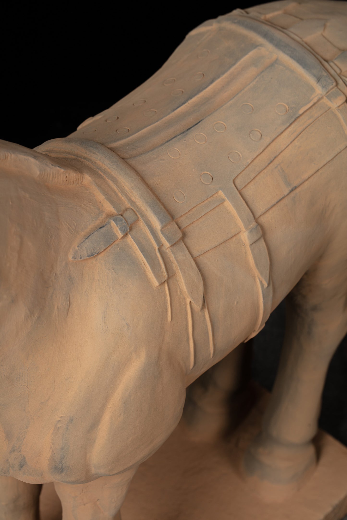 70CM Horse - CLAYARMY -Top-down perspective highlighting the ornate patterns on the saddle and harness of our 70CM Clayarmy Terracotta Horse.