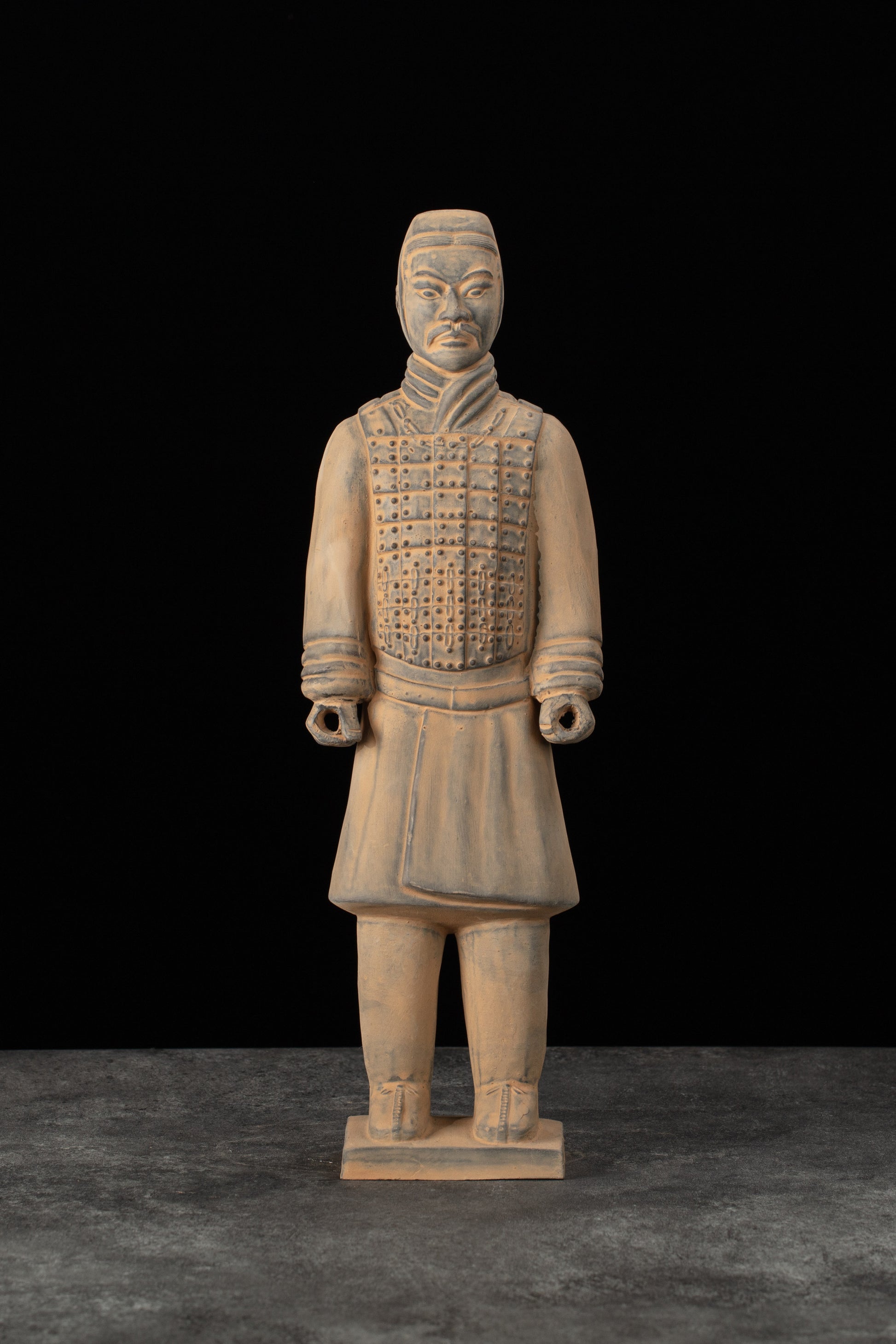 35CM Cavalryman - CLAYARMY-Front view of the 35CM Terracotta Army Cavalryman figurine, showcasing intricate armor details and the distinctive flat bun.