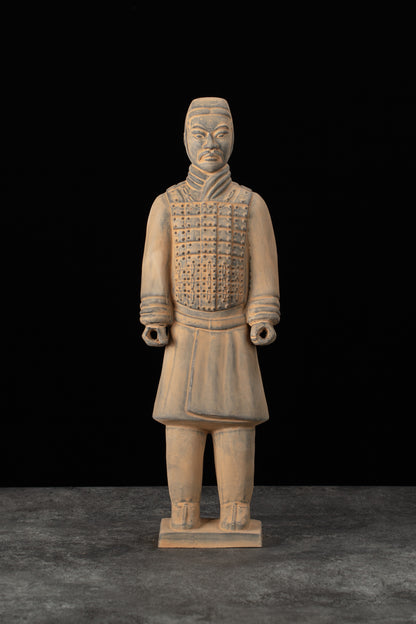 35CM Cavalryman - CLAYARMY-Front view of the 35CM Terracotta Army Cavalryman figurine, showcasing intricate armor details and the distinctive flat bun.