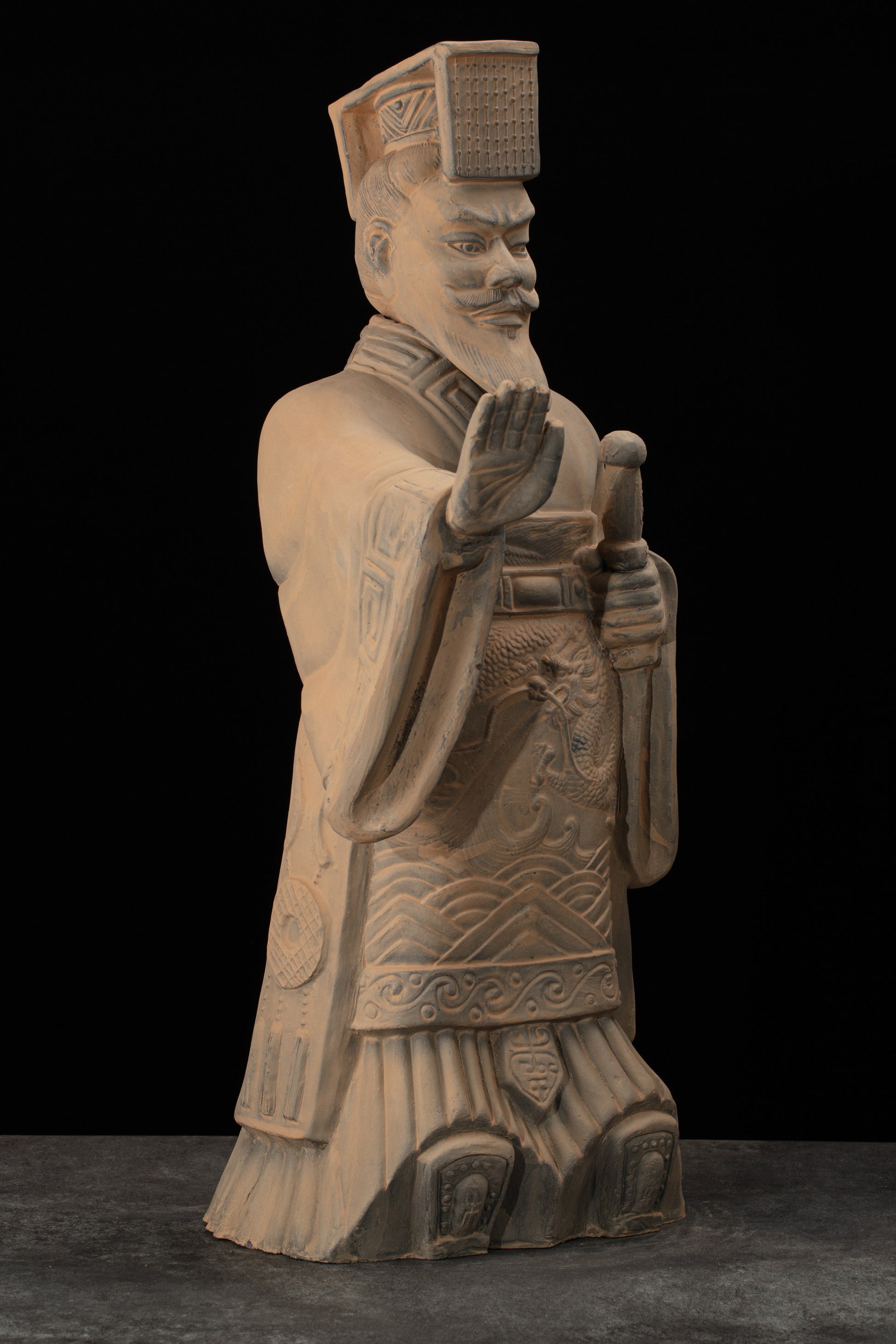 55CM Emperor - CLAYARMY -Unique angle showcasing the formidable presence of Clayarmy's 55CM Emperor Qin Terracotta Warrior.
